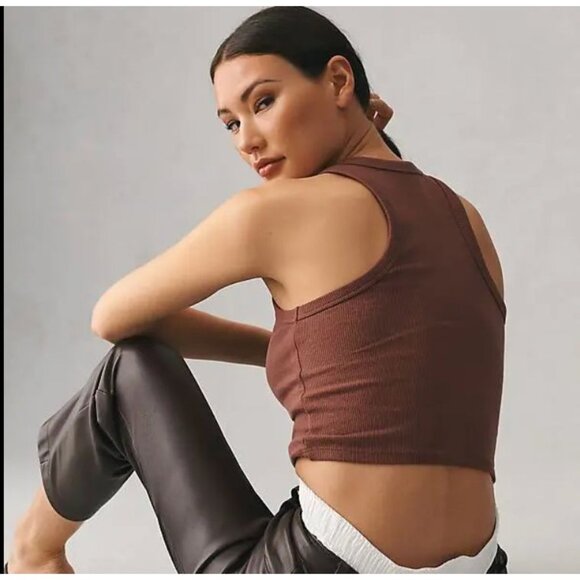 Anthropologie Maeve Tank Top XXS Blair Stretch Cotton Crop Racerback Warm Cocoa - Picture 4 of 8